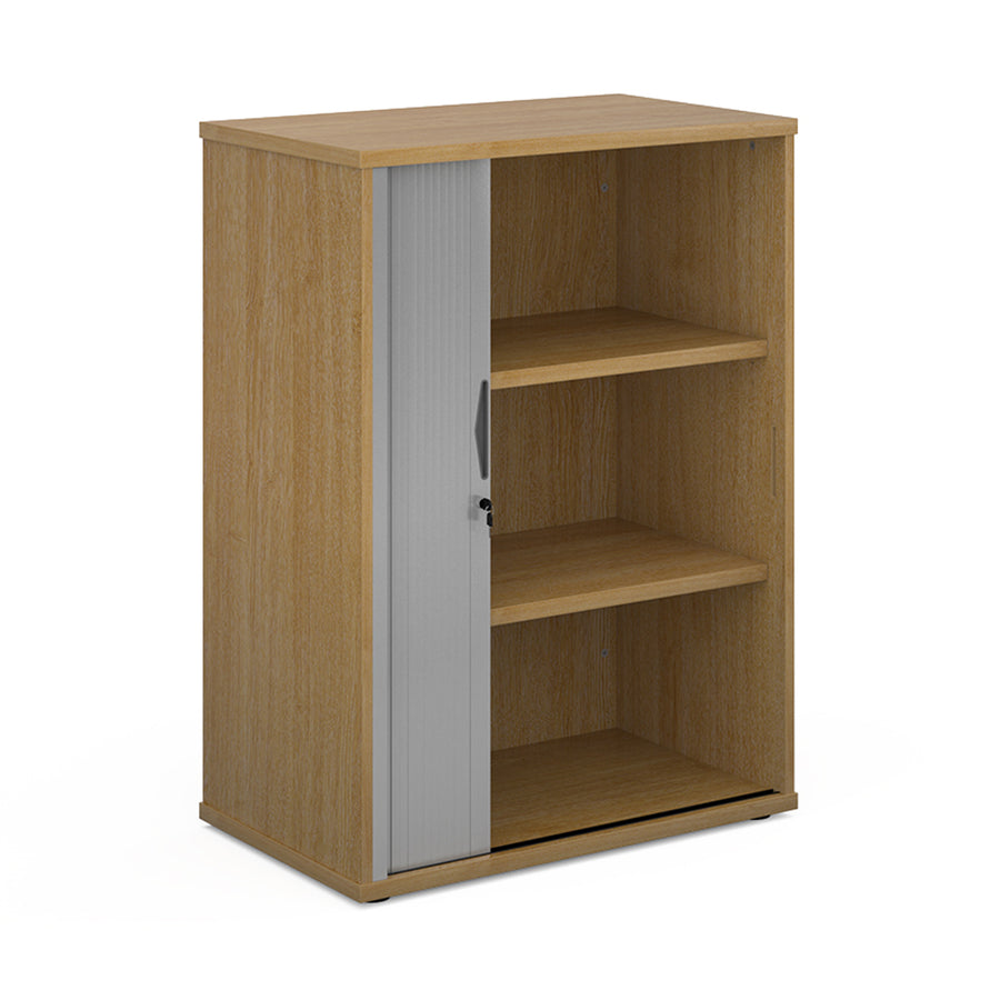 Universal single door tambour cupboard 1090mm high with 2 shelves - Oak with silver door