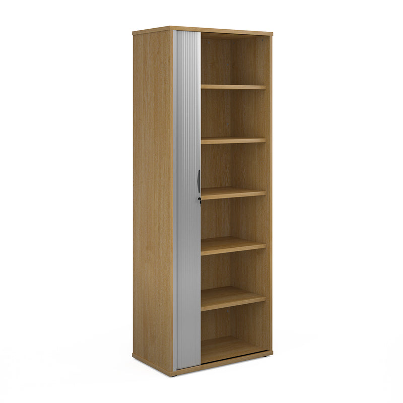 Universal single door tambour cupboard 2140mm high with 5 shelves - Oak with silver door