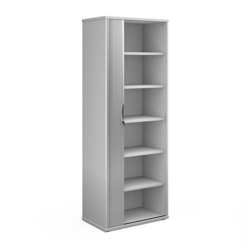 Universal single door tambour cupboard 2140mm high with 5 shelves - White with silver door