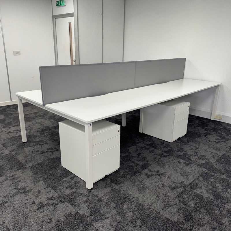 Used Kinnarps White Bench Desk Bundle with Screen, Cable Tray and Pedestal