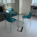 Used Glass Canteen Table with 3 Clear Blue Chairs