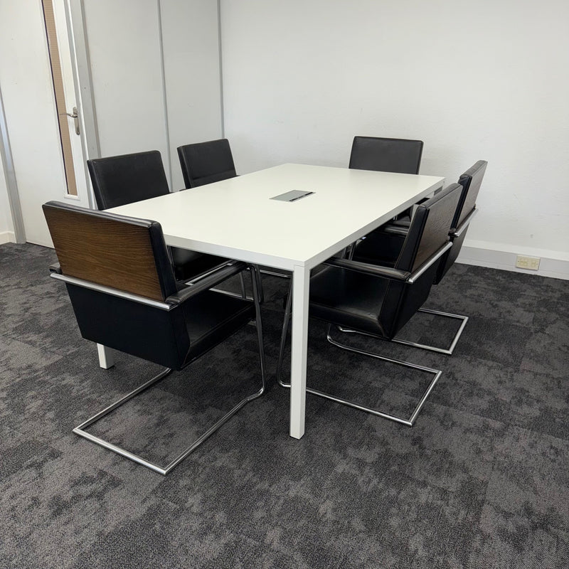 Used White Meeting Table with 6 Willian Hands Leather Chairs