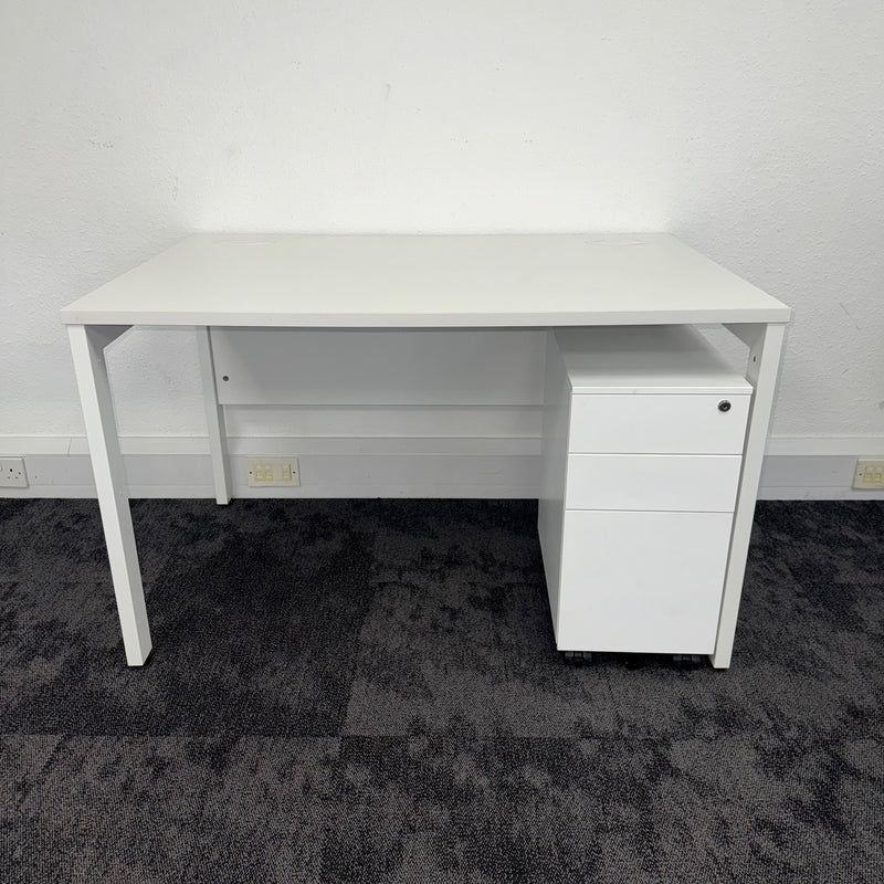 Used White Single Bench Desk with Slimline 3 Draw Mobile Pedestal