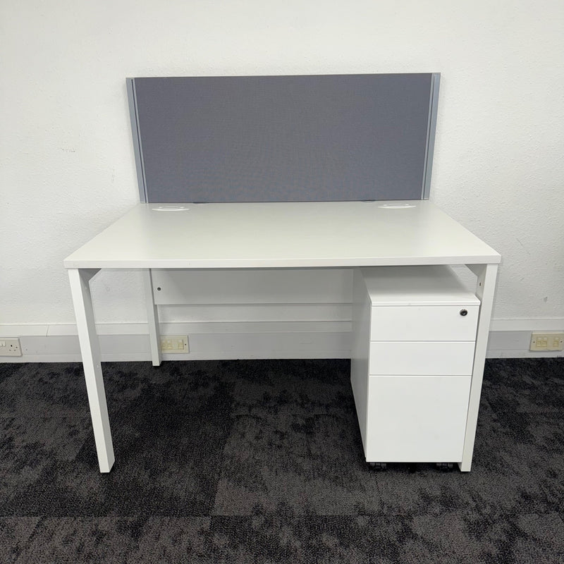 Used White Single Bench Desk with Slimline 3 Draw Mobile Pedestal and Screen