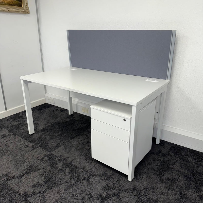 Used White Single Bench Desk with 3 Draw Mobile Pedestal and Screen