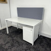 Used White Single Bench Desk with 3 Draw Mobile Pedestal and Screen