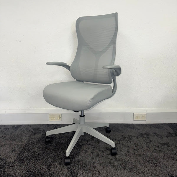 New High Back Mesh Task Chair with Folding Arms - Grey
