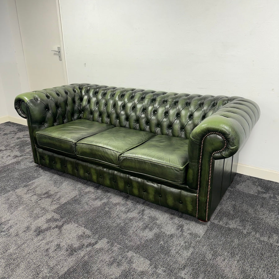 Used Chesterfield Three Seater Sofa in Antique Green Leather