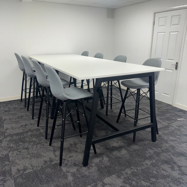 Used White High Table Set with 8 Grey Stools