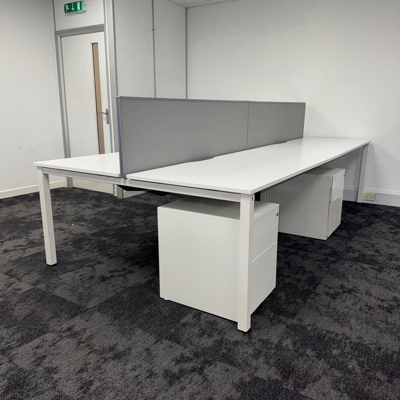 Used Kinnarps White Bench Desk Bundle with Screen and Pedestal