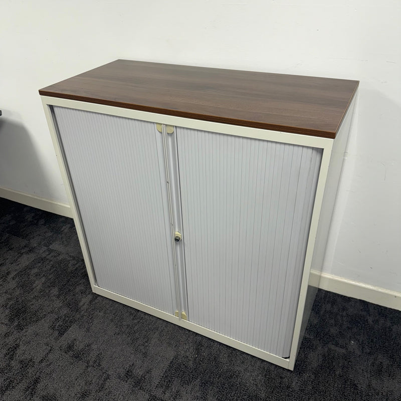 Used White Tambour Storage Unit with Adjustable Shelf