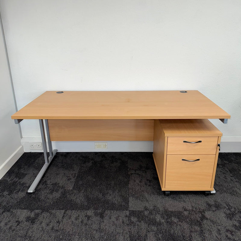 Used Beech Straight Desk with 2 Draw Mobile Pedestal