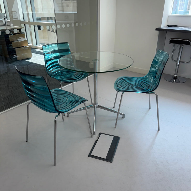 Used Glass Canteen Table with 3 Clear Blue Chairs