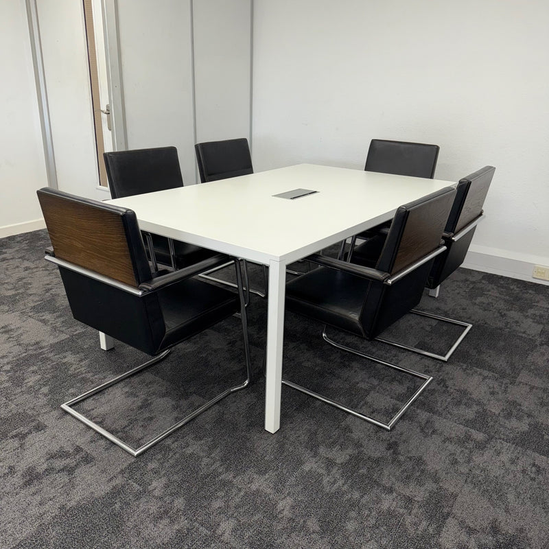Used White Meeting Table with 6 Willian Hands Leather Chairs