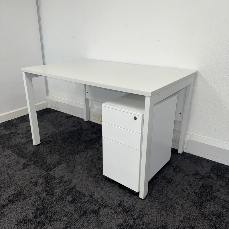 Used White Single Bench Desk with Slimline 3 Draw Mobile Pedestal
