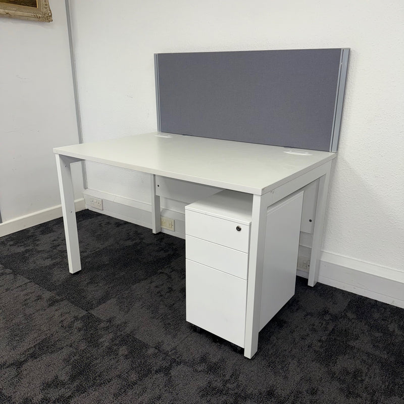 Used White Single Bench Desk with Slimline 3 Draw Mobile Pedestal and Screen