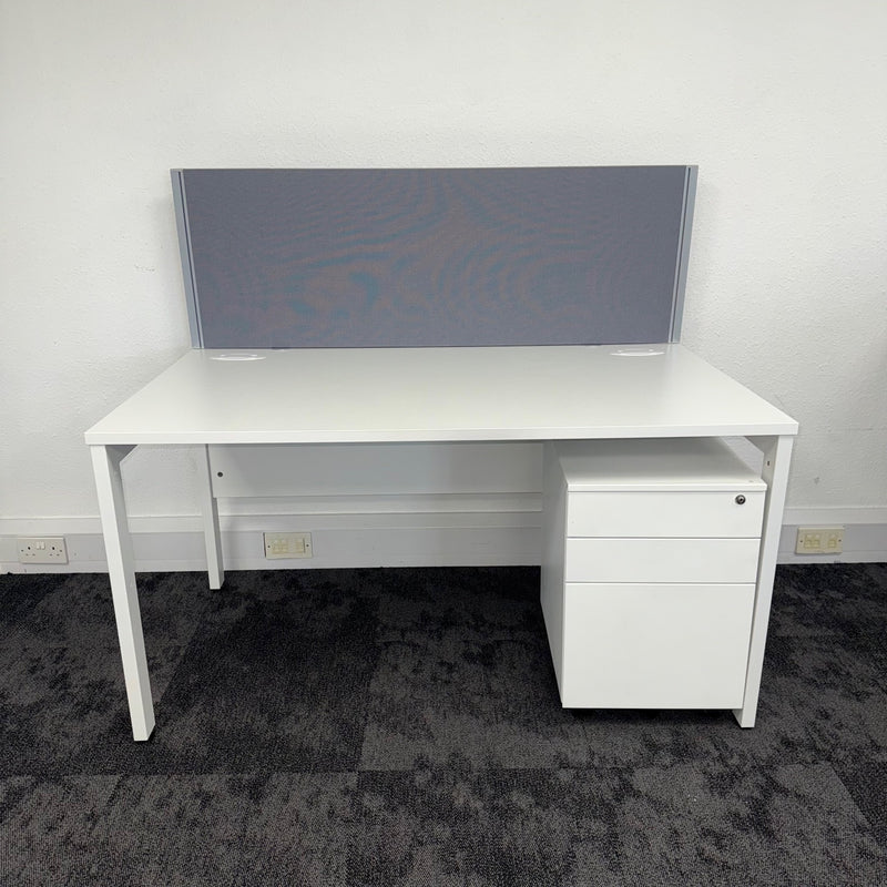 Used White Single Bench Desk with 3 Draw Mobile Pedestal and Screen
