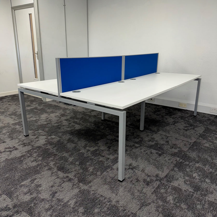 Used Mobili Sliding Top White Bench Desks with Cable Trays and Blue Screen - Banks of 4,6,8