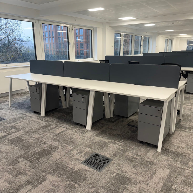 Used Nova White Single Bench Desk Set with Screen and Pedestal