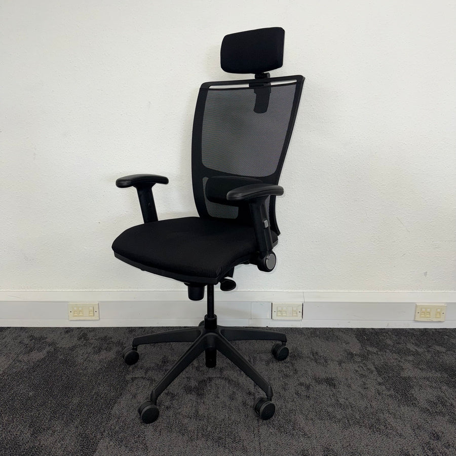 Used Fully Adjustable Mesh Task Chair with Headrest - Reupholstered in New Fabric