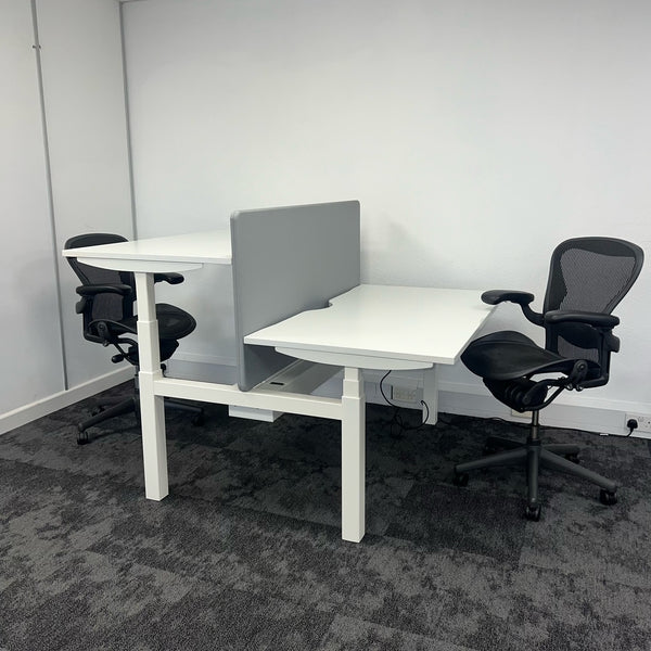 Used Electric Height Adjustable White Bench Desk with Screen and Cable Tray