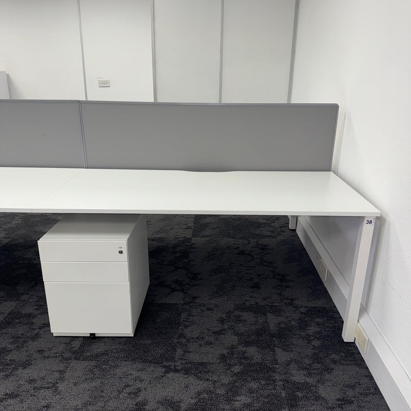 Used Kinnarps White Bench Desk Bundle with Screen and Pedestal