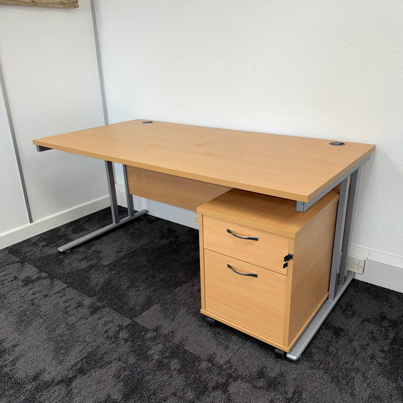 Used Beech Straight Desk with 2 Draw Mobile Pedestal