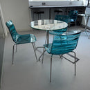 Used Glass Canteen Table with 3 Clear Blue Chairs