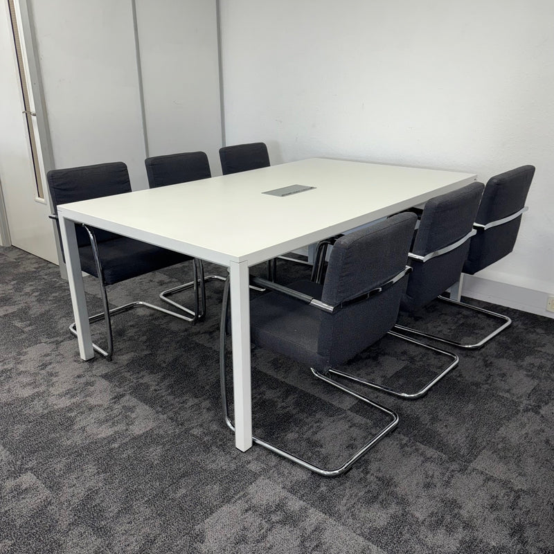 Used White Meeting Table Set with 6 Fabric Meeting Chairs