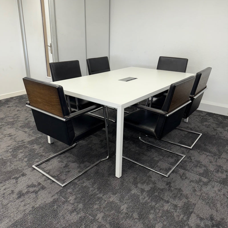 Used White Meeting Table with 6 Willian Hands Leather Chairs