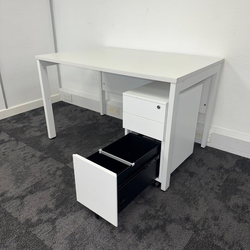 Used White Single Bench Desk with Slimline 3 Draw Mobile Pedestal