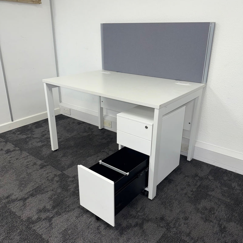 Used White Single Bench Desk with Slimline 3 Draw Mobile Pedestal and Screen