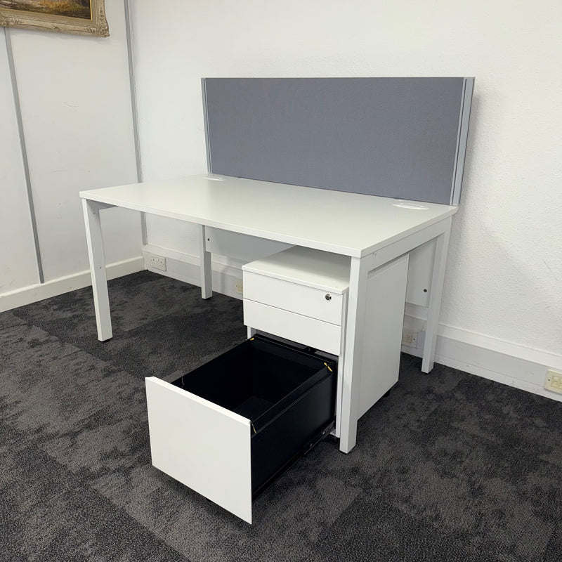 Used White Single Bench Desk with 3 Draw Mobile Pedestal and Screen