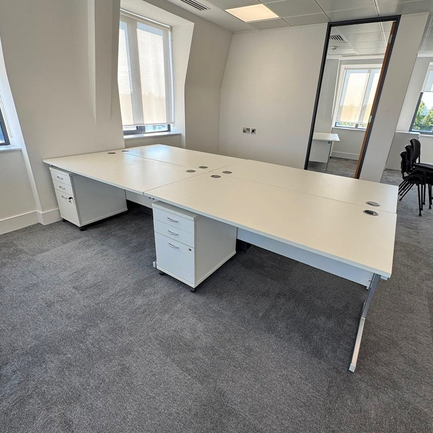Used White Single Cantilever Desk with 3 Draw Mobile Pedestal