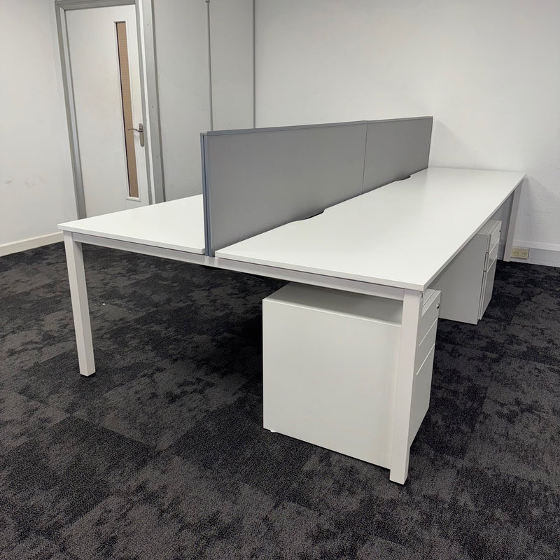 Used Kinnarps White Bench Desk Bundle with Screen, Cable Tray and Pedestal