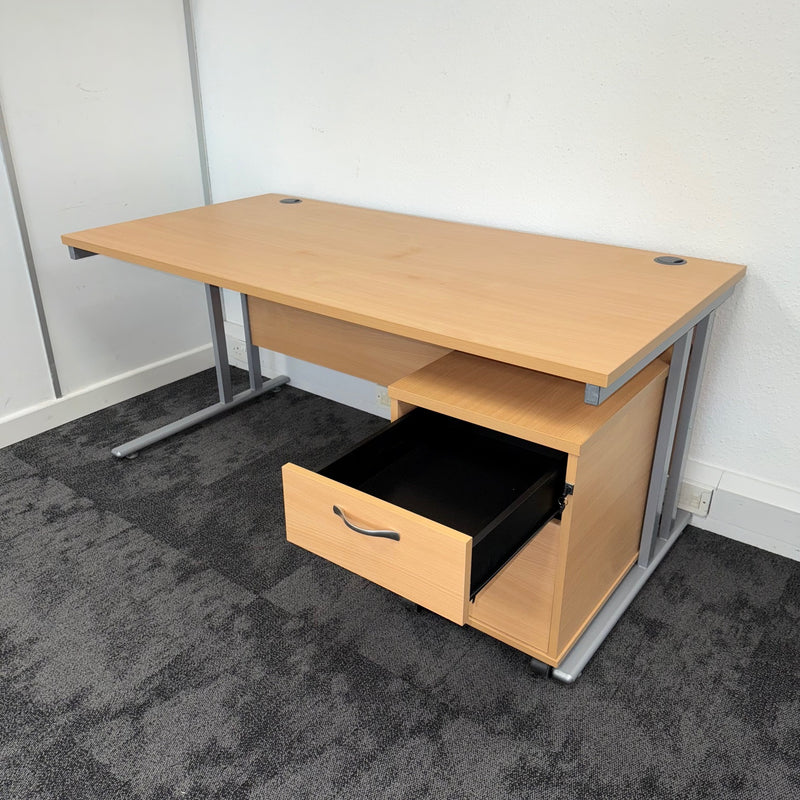 Used Beech Straight Desk with 2 Draw Mobile Pedestal