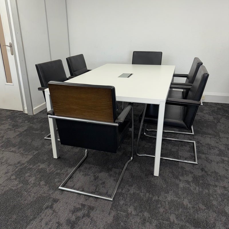 Used White Meeting Table with 6 Willian Hands Leather Chairs