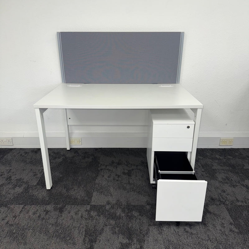 Used White Single Bench Desk with Slimline 3 Draw Mobile Pedestal and Screen