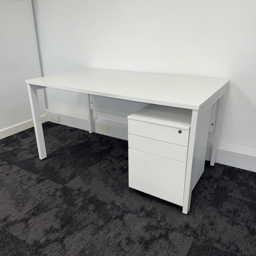 Used White Single Bench Desk with 3 Draw Mobile Pedestal