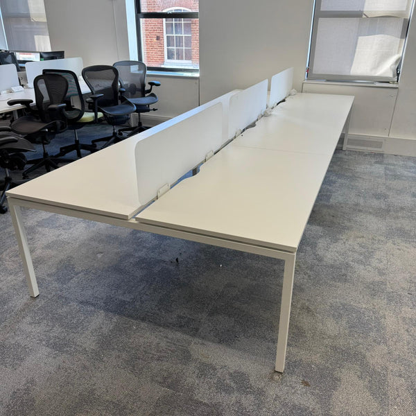 Used White Bench Desk with Cable Management and Screen Divider - Banks of 4,6,8 etc