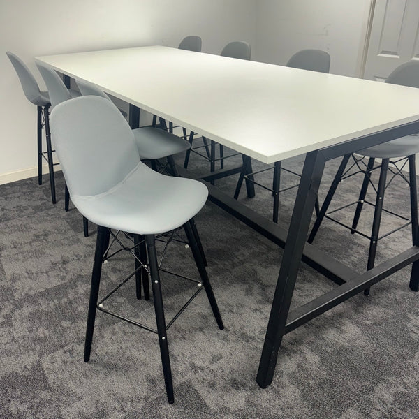 Used White High Table Set with 8 Grey Stools