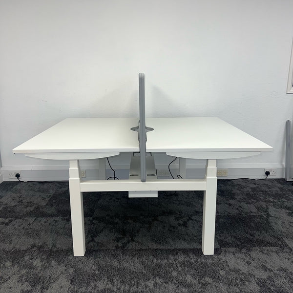 Used Electric Height Adjustable White Bench Desk with Screen and Cable Tray
