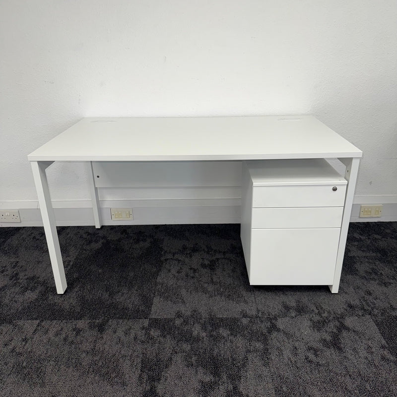 Used White Single Bench Desk with 3 Draw Mobile Pedestal