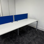 Used Mobili Sliding Top White Bench Desks with Cable Trays and Blue Screen - Banks of 4,6,8
