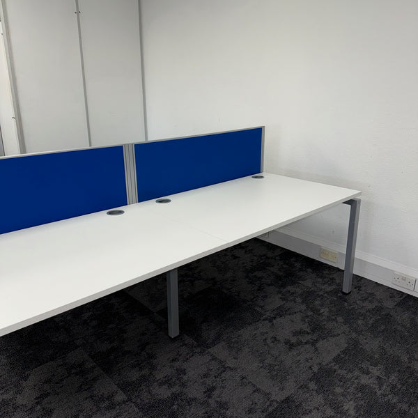 Used Mobili Sliding Top White Bench Desks with Cable Trays and Blue Screen - Banks of 4,6,8