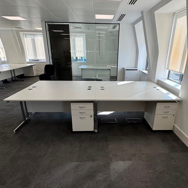 Used White Single Cantilever Desk with 3 Draw Mobile Pedestal