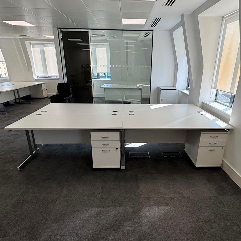 Used White Single Cantilever Desk with 3 Draw Mobile Pedestal