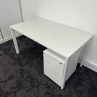 Used White Single Bench Desk with 3 Draw Mobile Pedestal