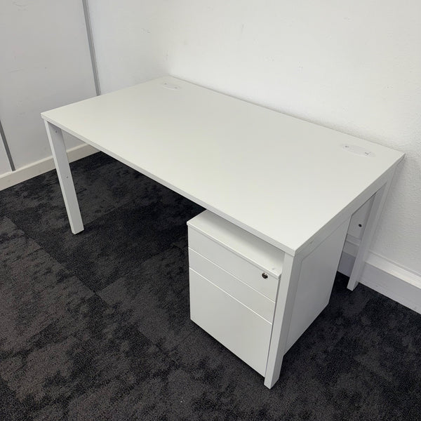 Used White Single Bench Desk with 3 Draw Mobile Pedestal
