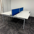 Used Mobili Sliding Top White Bench Desks with Cable Trays and Blue Screen - Banks of 4,6,8